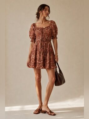 Ulla Johnson Juniper ruched floral 2022 mini dress in orange brown. Size 4